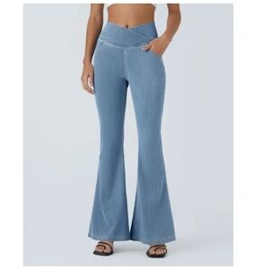 Halara Flex Denim High Waisted Crossover pocket washed  Blue Large Petite NWT
